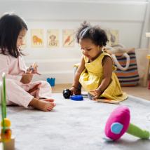 Toddlers play with toys together in a sunny play room.
