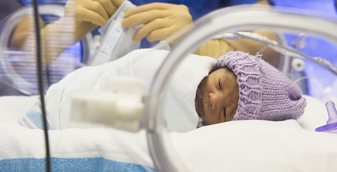 A caregiver prepares equipment for a NICU patient in an incubator.
